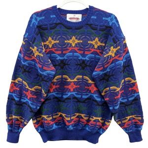 Vintage Obermeyer Sweater Mens Medium Blue Aztec Geometric Wool Hong Kong 90s